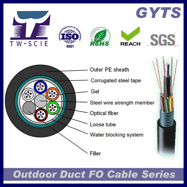 Cable de fibra óptica al aire libre GYTS de la cinta de la capa del tubo de acero flojamente