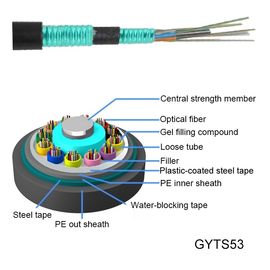 Envoltura negra trenzada enterrada directa del cable acorazado de acero doble flojo del tubo del cable de fibra óptica al aire libre GYTS53