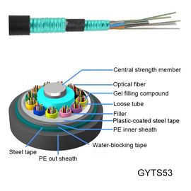 144 cable acorazado trenzado enterrado directo acorazado del tubo flojo del cable de fribra óptica GYTS53 de los corazones